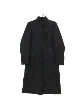 Prada Coat Leather Trim Wool Stand Collar Long Zip Up Gray